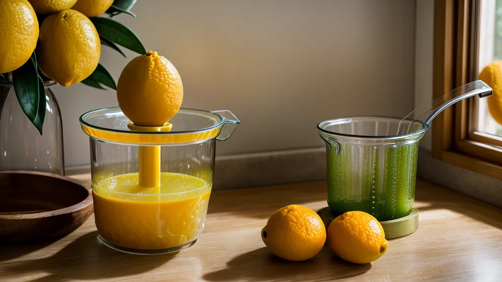 Primer plano de un exprimidor de vidrio con jugo de limón y cáscaras sobre madera.