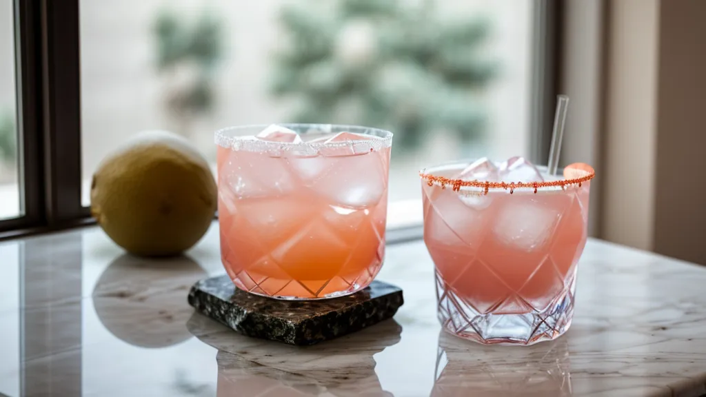 Cóctel con piel de pomelo rosado y aceites esenciales visibles sobre el hielo.