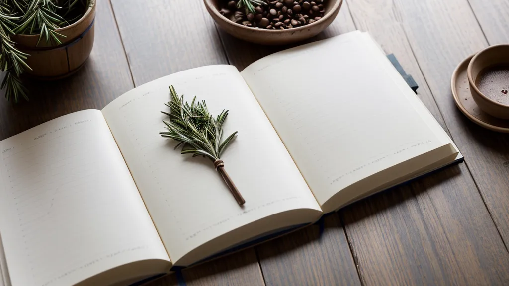 Cuaderno de notas de coctelería con manchas de café y botánicos frescos