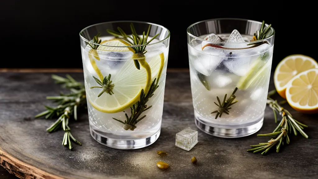 Gin tonic servido con una sola rama de romero ahumado en copa de cristal